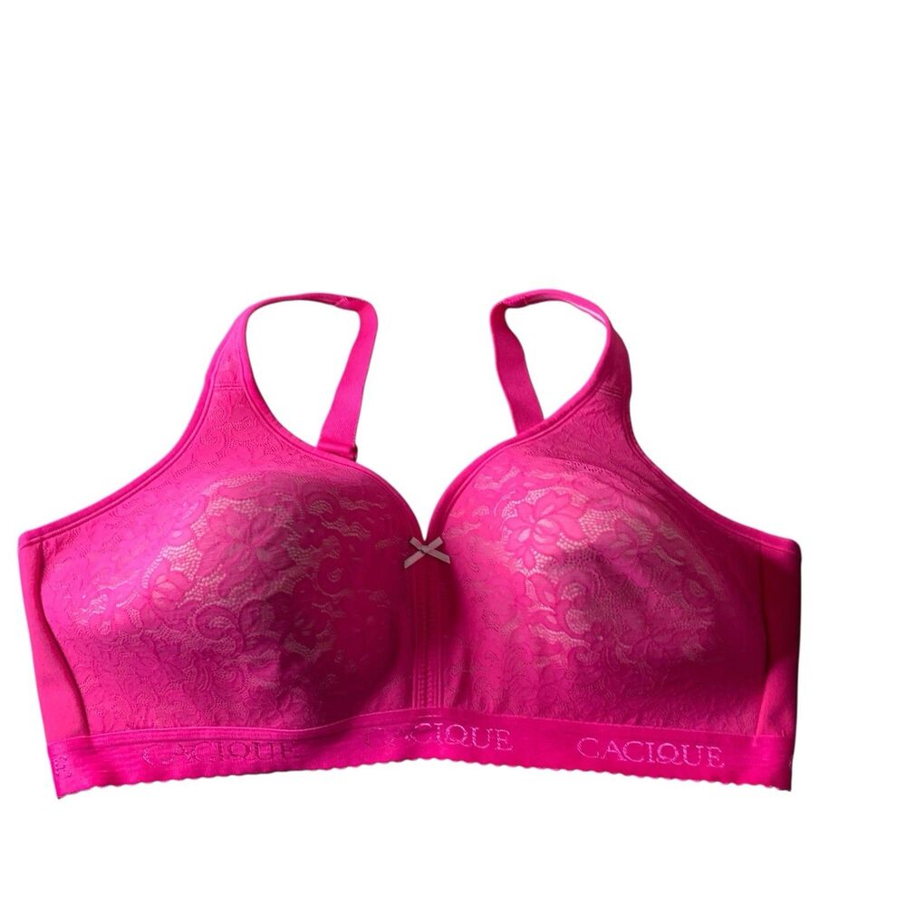Cacique 44DD Bra Lightly Lined No Wire Full Figure Lane Bryant Bright Pink Lace